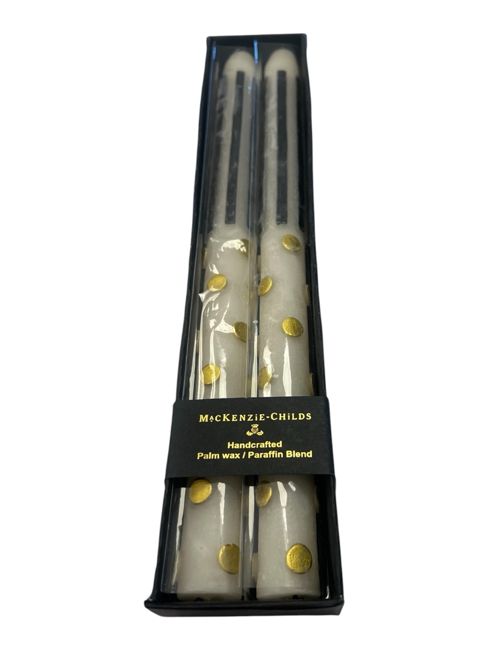 Mackenzie Childs Dot & Stripe Dinner Candles – Black & Gold – Set of 2 - Picture 2 of 5